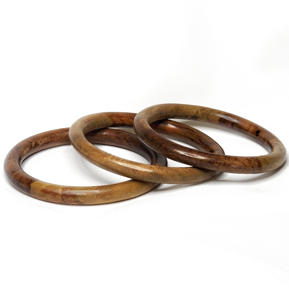 1980s Set of 3 Myrtlewood Carved Rounded Bangle Bracelets